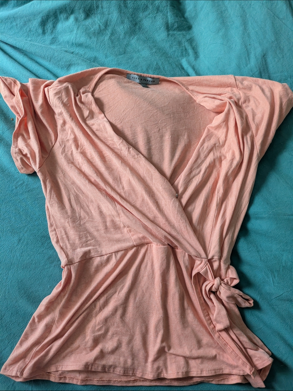 Peach Wrap Tie-Front Top Flutter Sleeves Ruffle Bottom Alex And Parker Size S - Picture 2 of 7